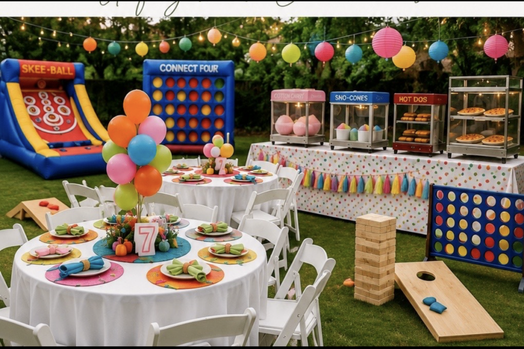 Children's birthday party with colorful decorations, games and dessert table