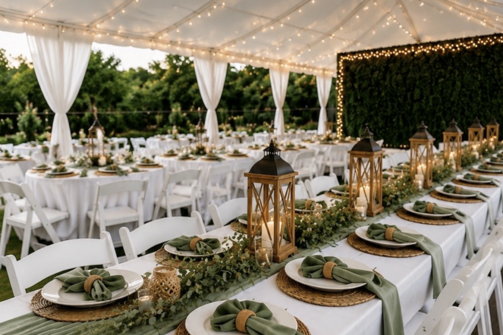 Elegant outdoor event decoration with white tables and draped curtains