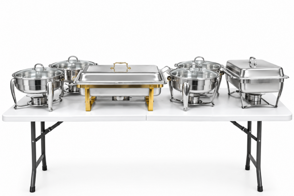 Event table with food serving equipment